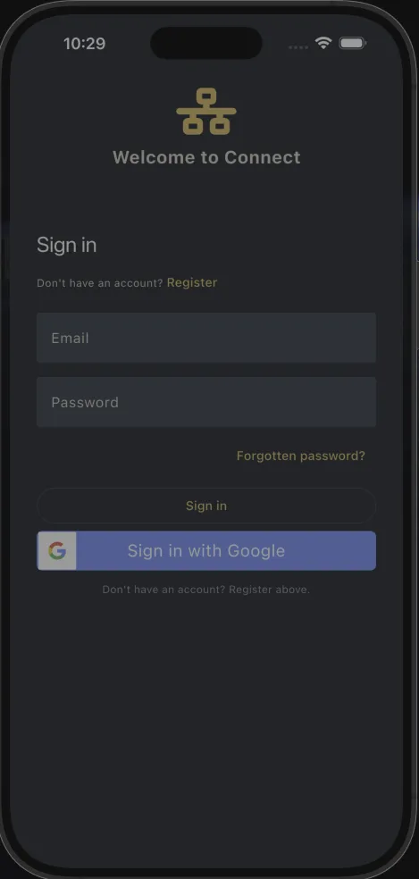 Clockwork Connect mobile sign-in screen